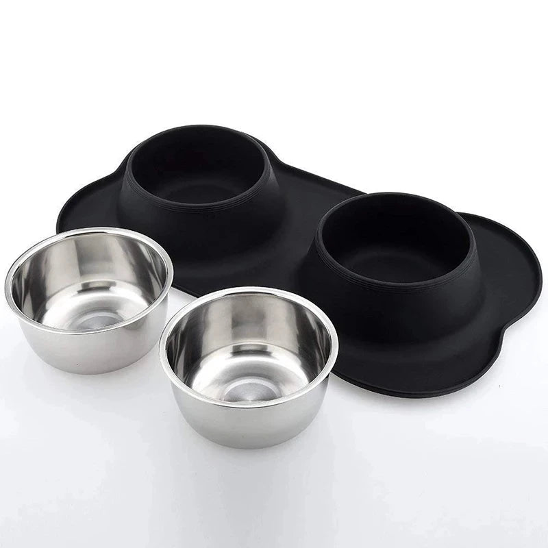 Non-slip double dog bowl with silicone mat
