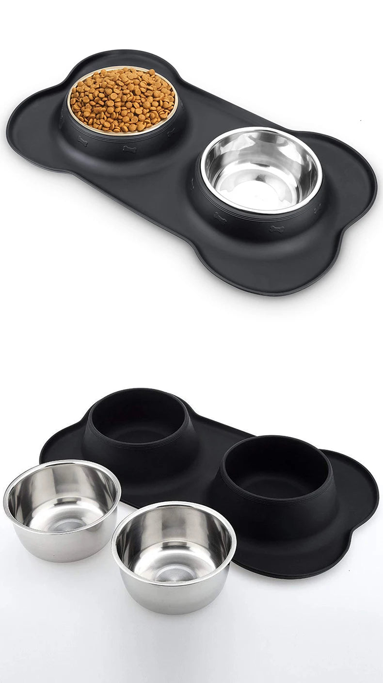 Non-slip double dog bowl with silicone mat