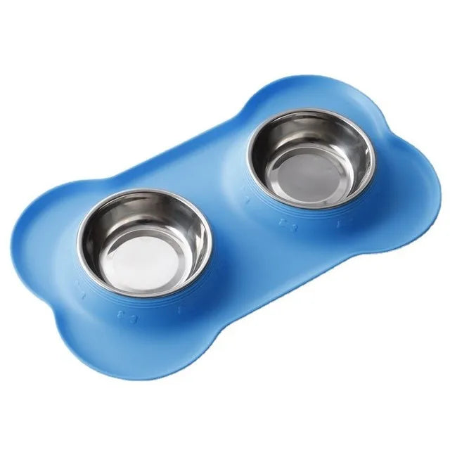 Non-slip double dog bowl with silicone mat