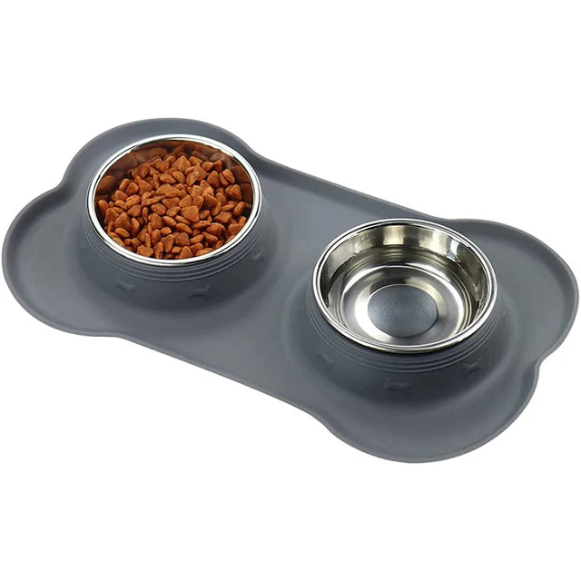 Non-slip double dog bowl with silicone mat