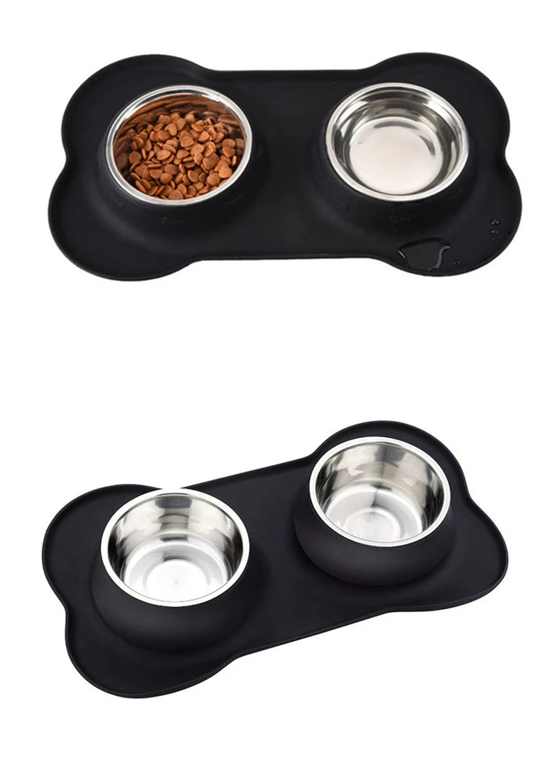 Non-slip double dog bowl with silicone mat