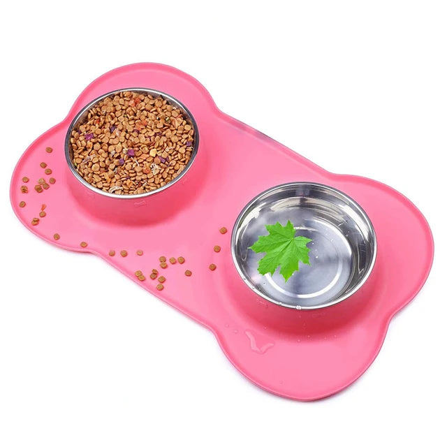 Non-slip double dog bowl with silicone mat