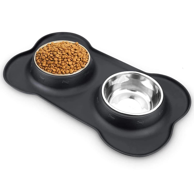 Non-slip double dog bowl with silicone mat