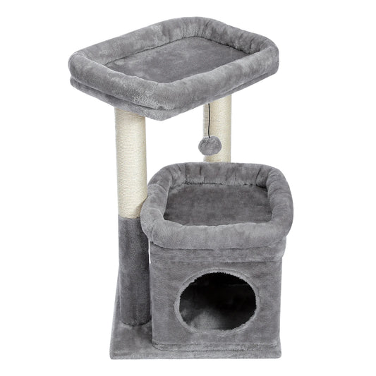 Scratching post cat tower for house cats with private, cozy cat apartment