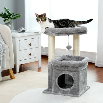 Scratching post cat tower for house cats with private, cozy cat apartment