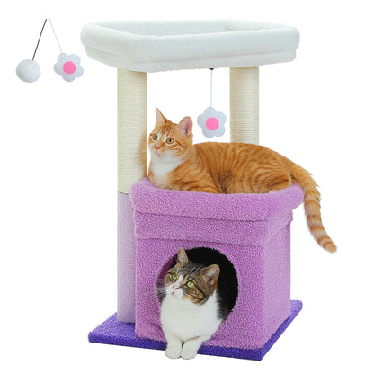 Scratching post cat tower for house cats with private, cozy cat apartment