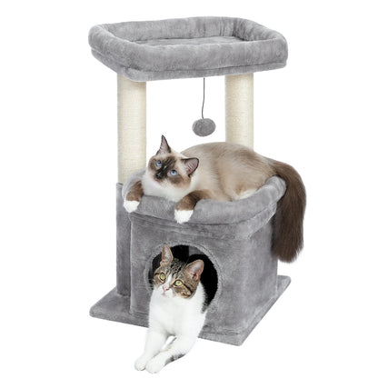 Scratching post cat tower for house cats with private, cozy cat apartment