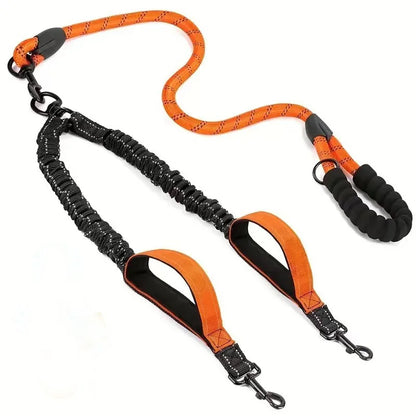 Reflective double dog leash with two additional traffic handles - 360° rotatable