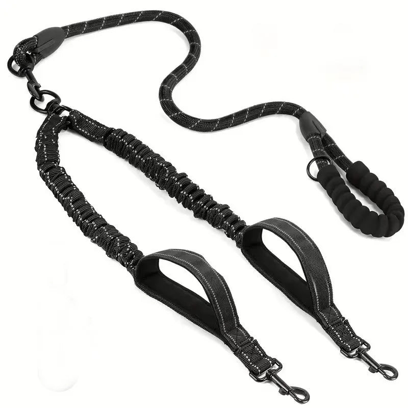 Reflective double dog leash with two additional traffic handles - 360° rotatable