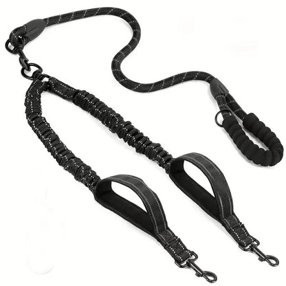 Reflective double dog leash with two additional traffic handles - 360° rotatable