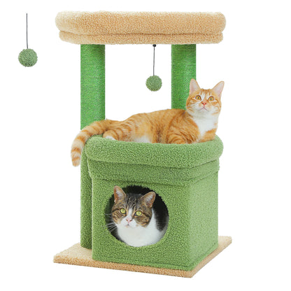 Scratching post cat tower for house cats with private, cozy cat apartment