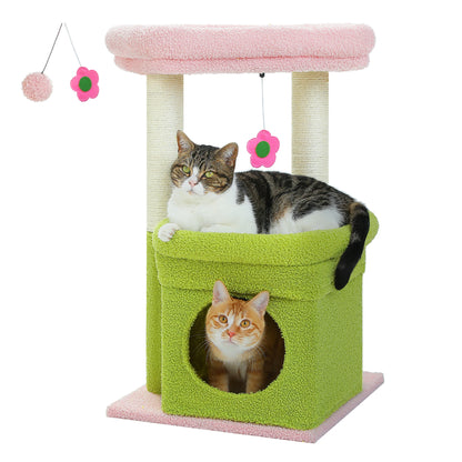 Scratching post cat tower for house cats with private, cozy cat apartment