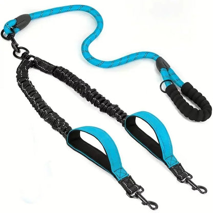 Reflective double dog leash with two additional traffic handles - 360° rotatable