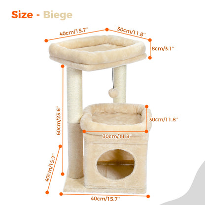 Scratching post cat tower for house cats with private, cozy cat apartment