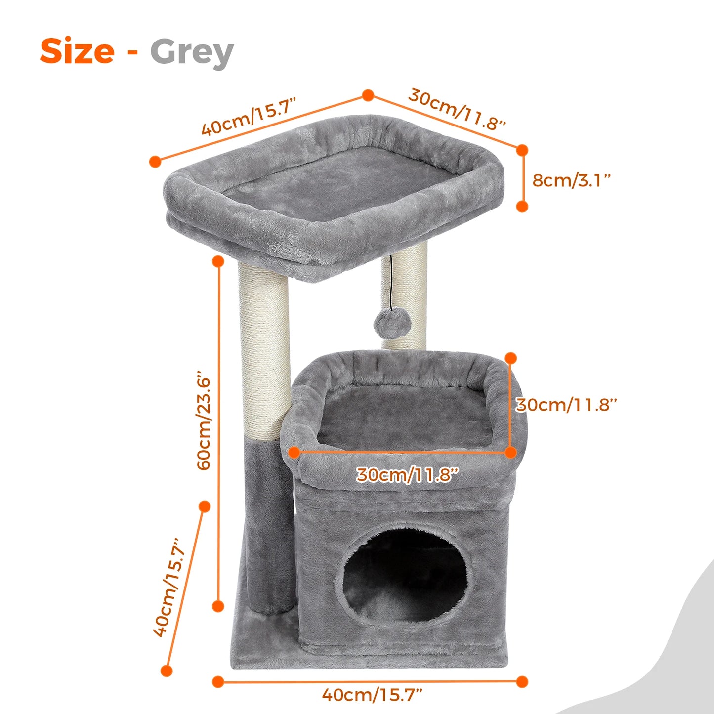 Scratching post cat tower for house cats with private, cozy cat apartment