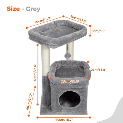 Scratching post cat tower for house cats with private, cozy cat apartment
